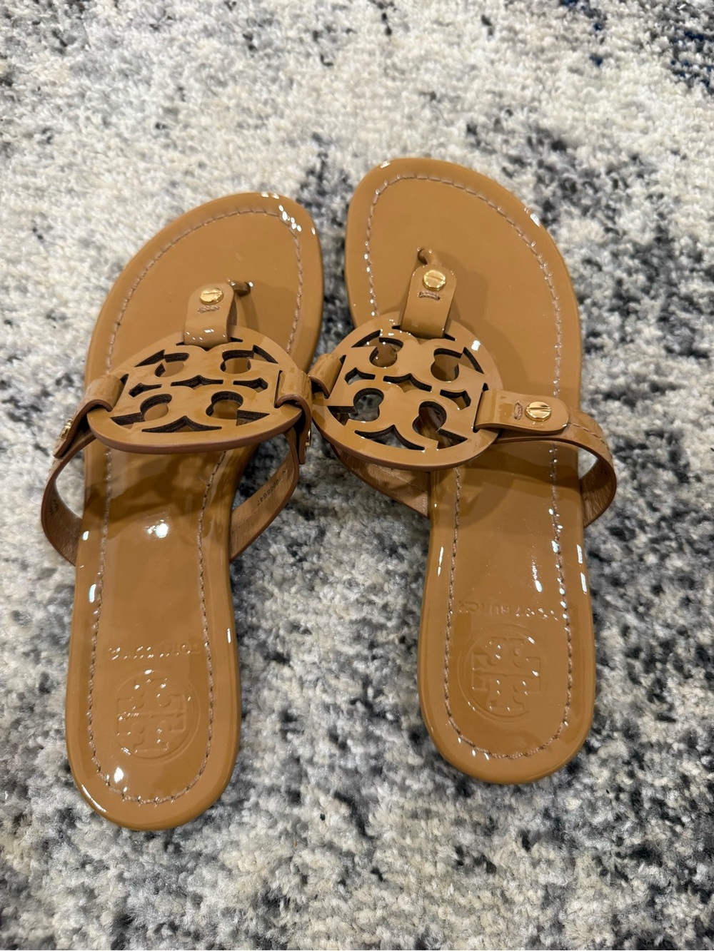 Tory Burch Caramel Patent Leather Logo Thong Sandals